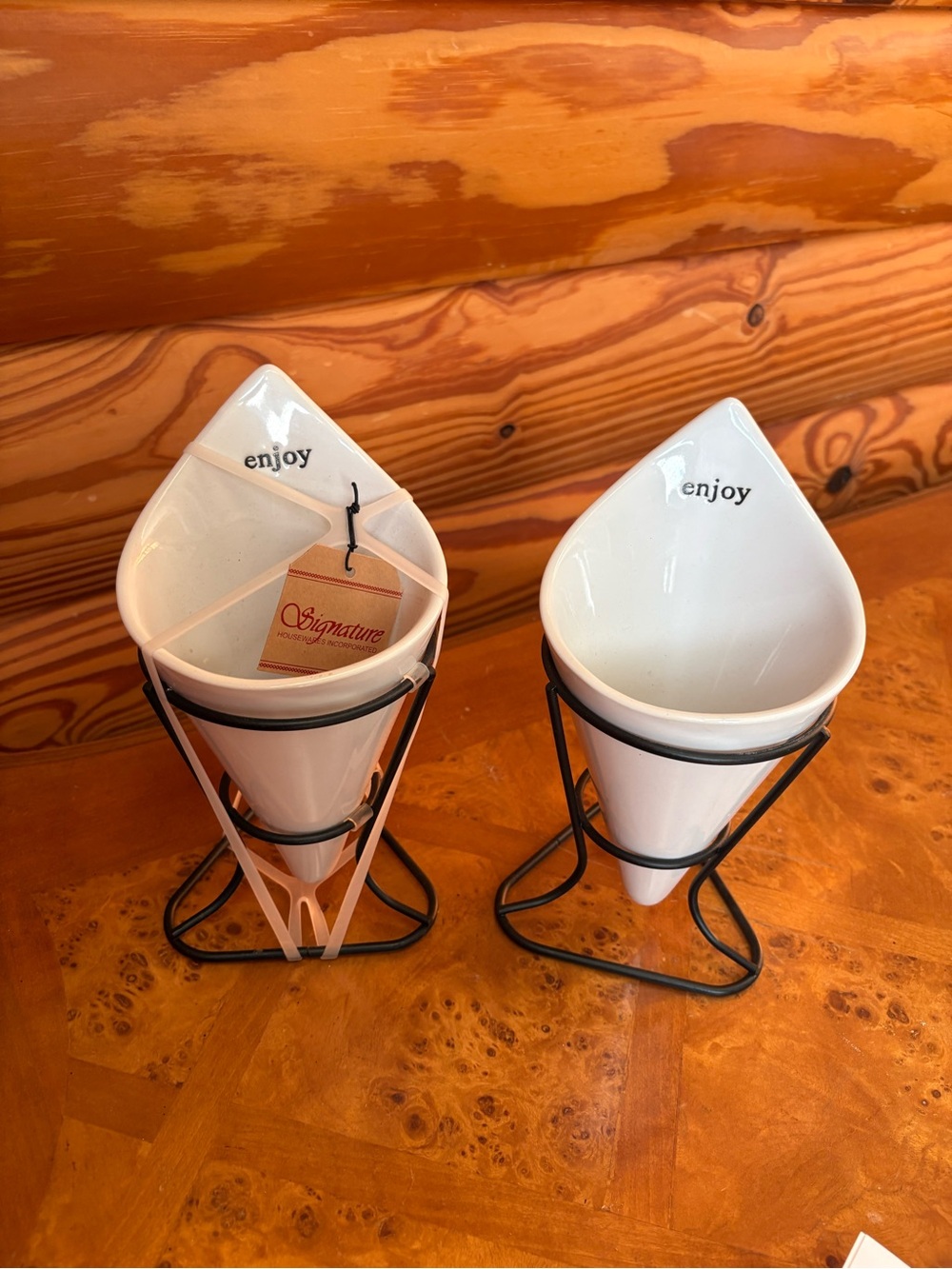 Signature White Ceramic 'Enjoy' Cone Serving Bowls with Black Metal Stands